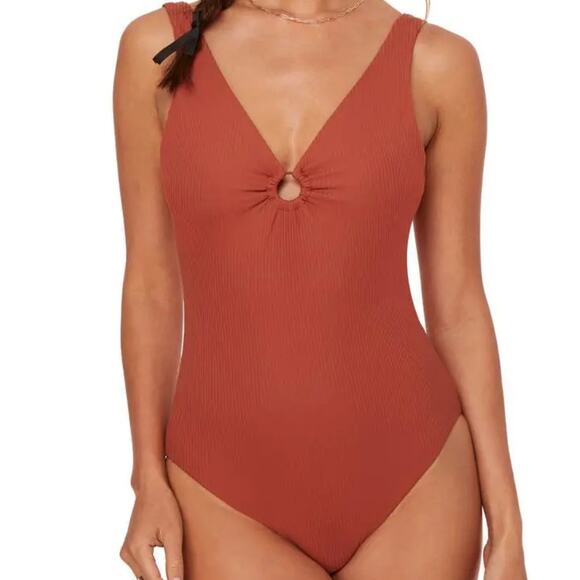 Andie The Bonita Ring Front One Piece Swimsuit Tank Bikini Thong Ginger Orange L - Picture 1 of 7